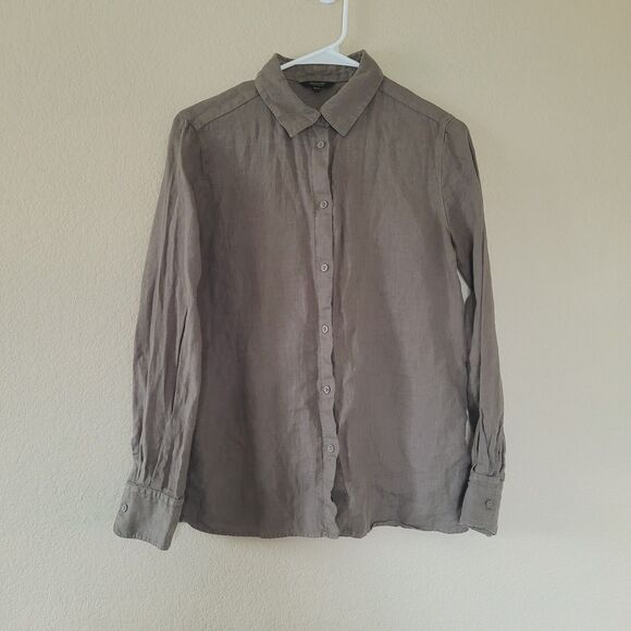 Massimo Dutti 100% Linen Womens Shirt Long Sleeve Button Up Size 4 Green Brown - Picture 1 of 6